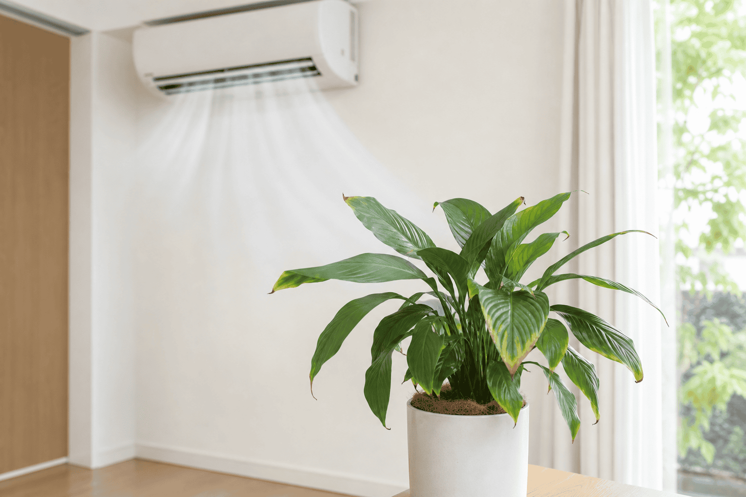 エアコンの風が当たる室内で葉先が乾き気味になっている観葉植物