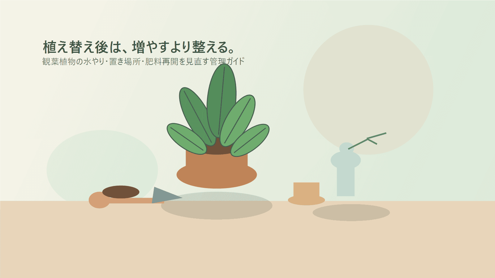植え替え直後の観葉植物を明るい室内でやさしく管理している様子