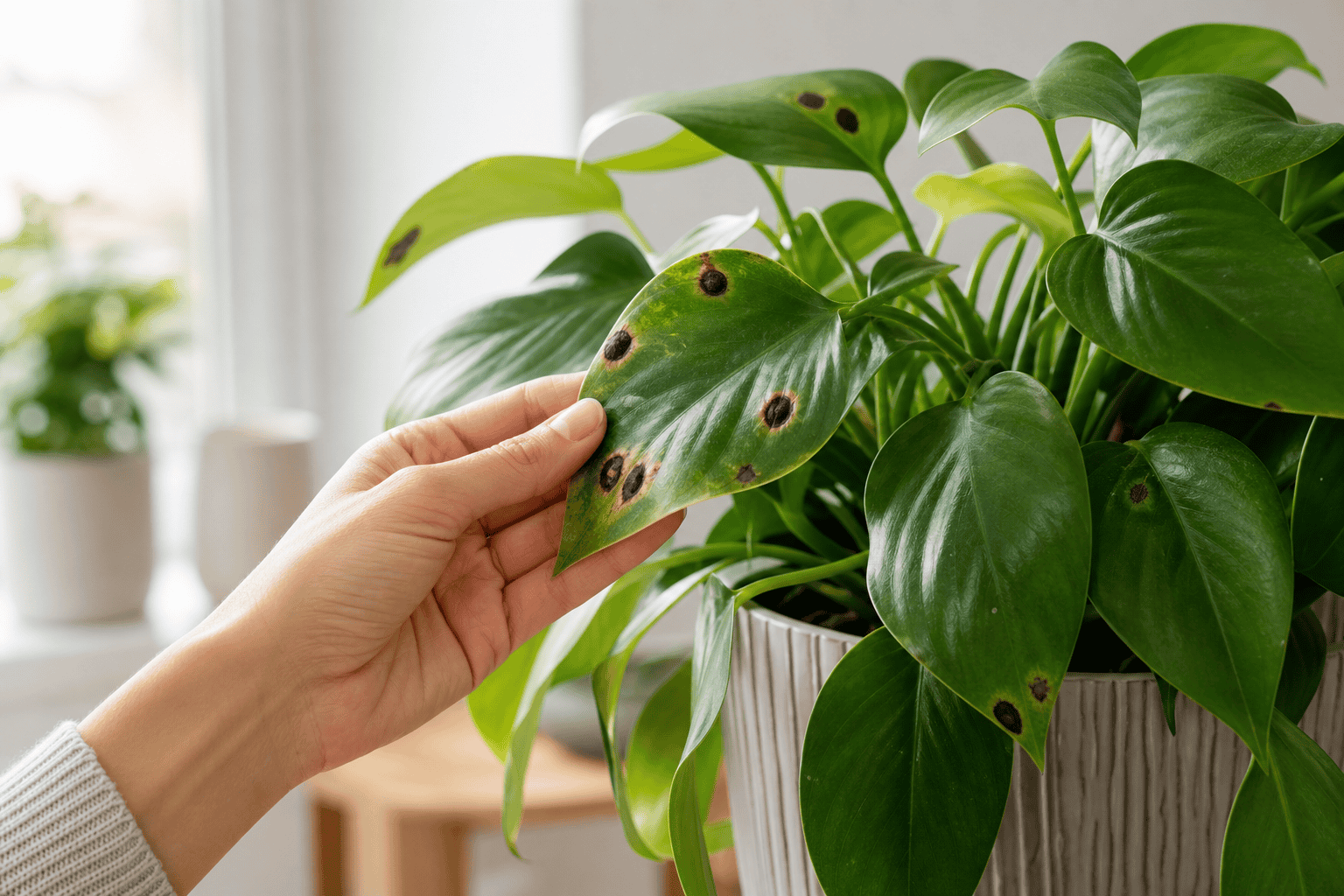 明るい室内で観葉植物の葉に出た黒い斑点を手で持ち上げながら状態を確認している様子