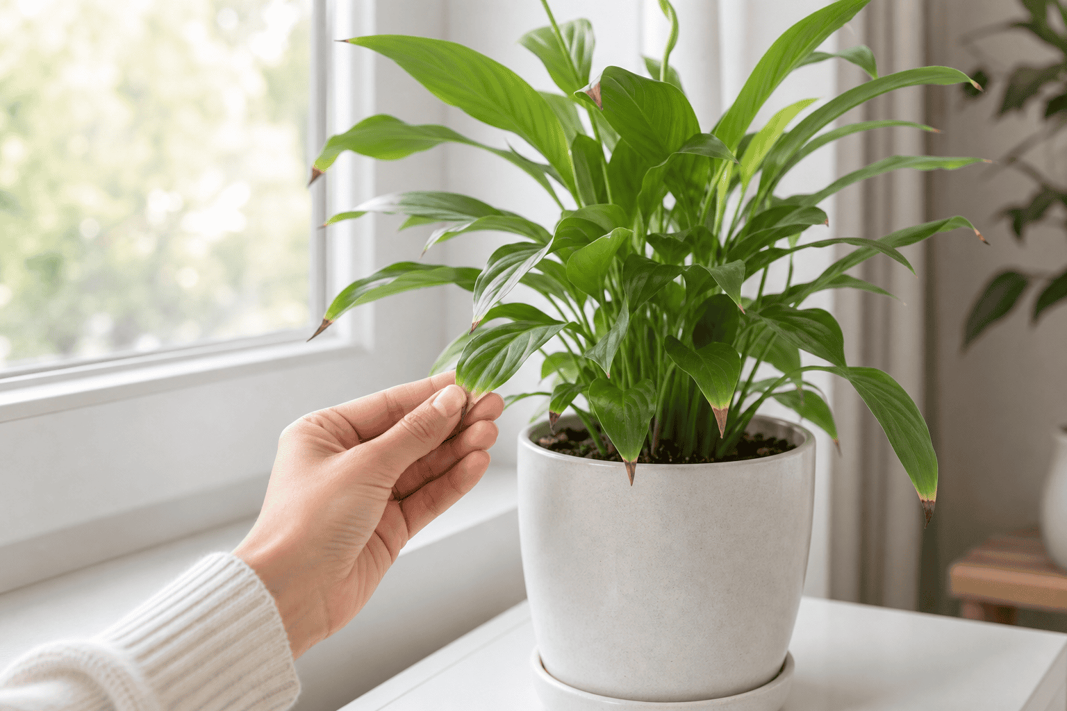 明るい室内で観葉植物の茶色い葉先を指先で確認しながら置き場所を見直している様子