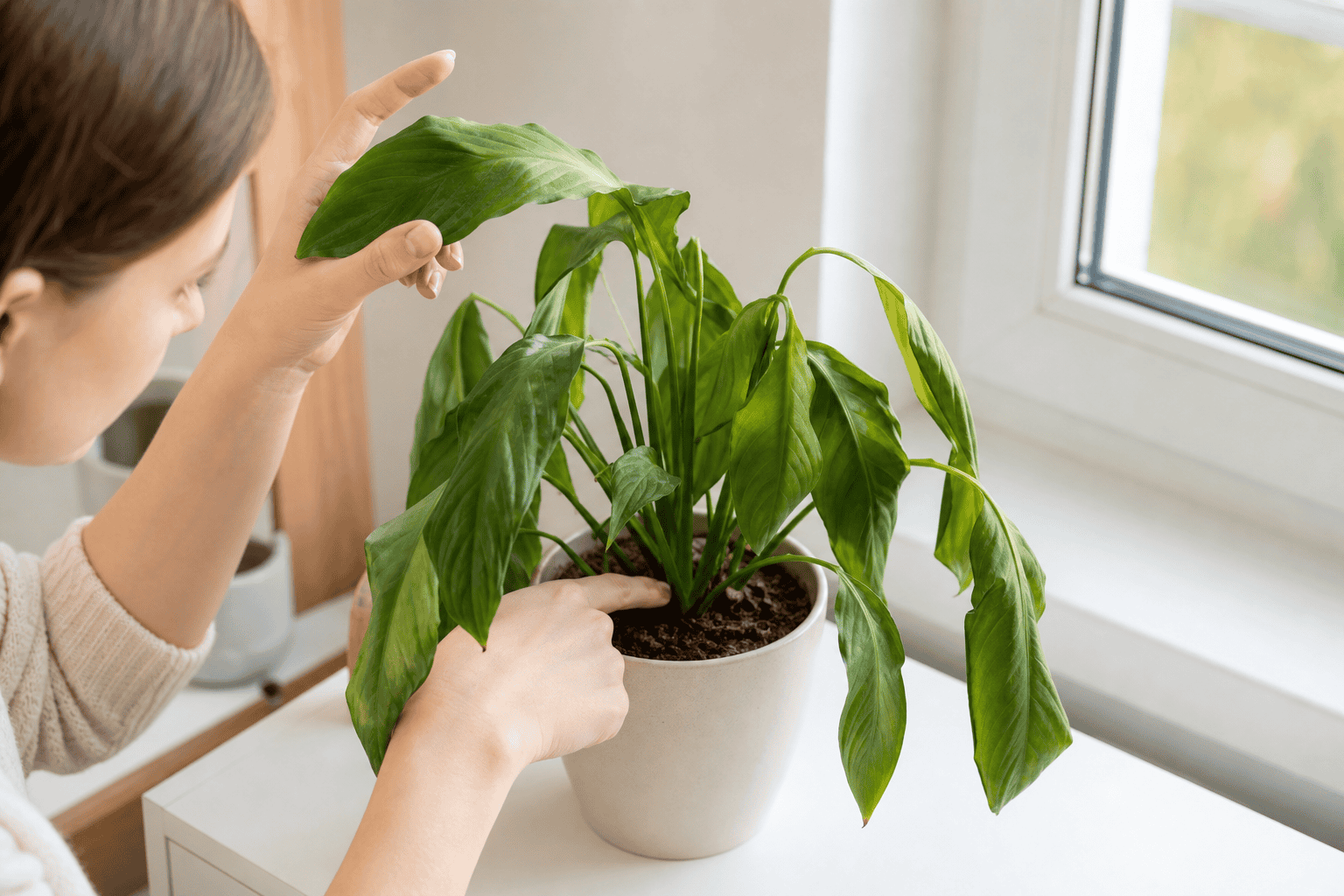 明るい窓辺で葉が垂れた観葉植物の葉と土の状態を手で確認している様子