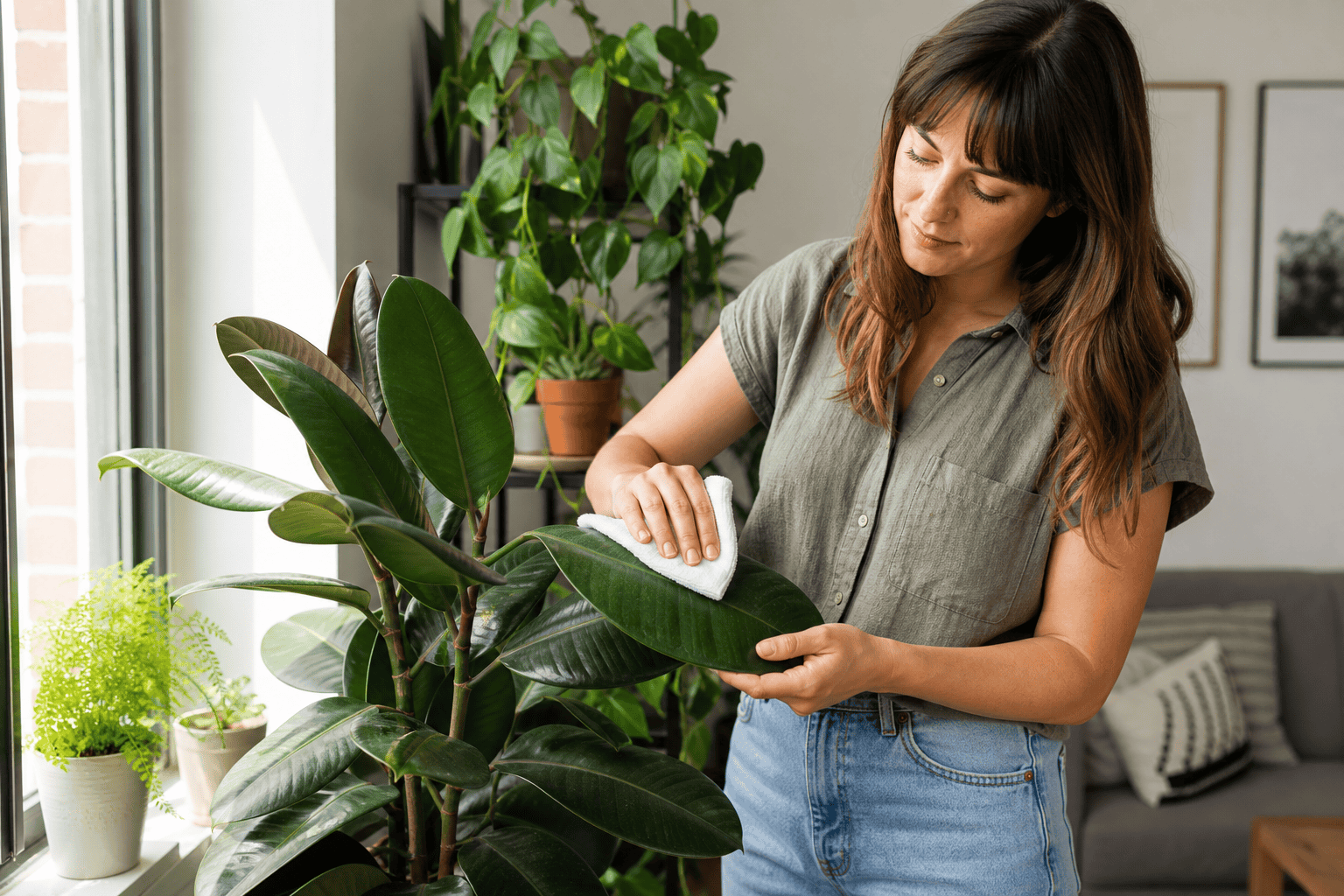 明るい窓辺で観葉植物の広い葉をやわらかい布でやさしく拭いている様子