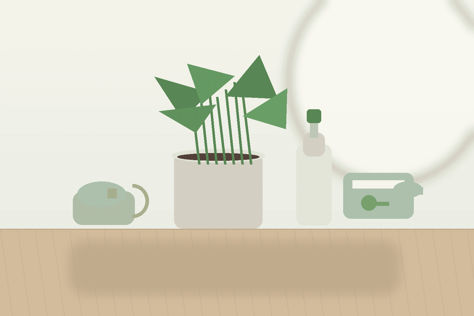 明るい室内で小型の観葉植物のそばに液体肥料とじょうろを整えている様子