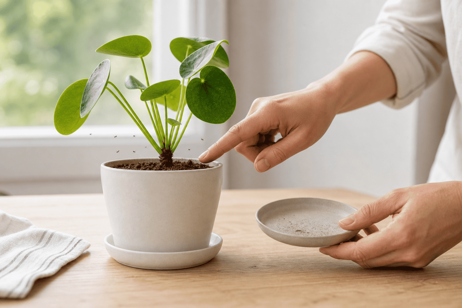 明るい室内で観葉植物の鉢土の近くを飛ぶ小さなコバエを確認しながら、表土と受け皿を点検している様子