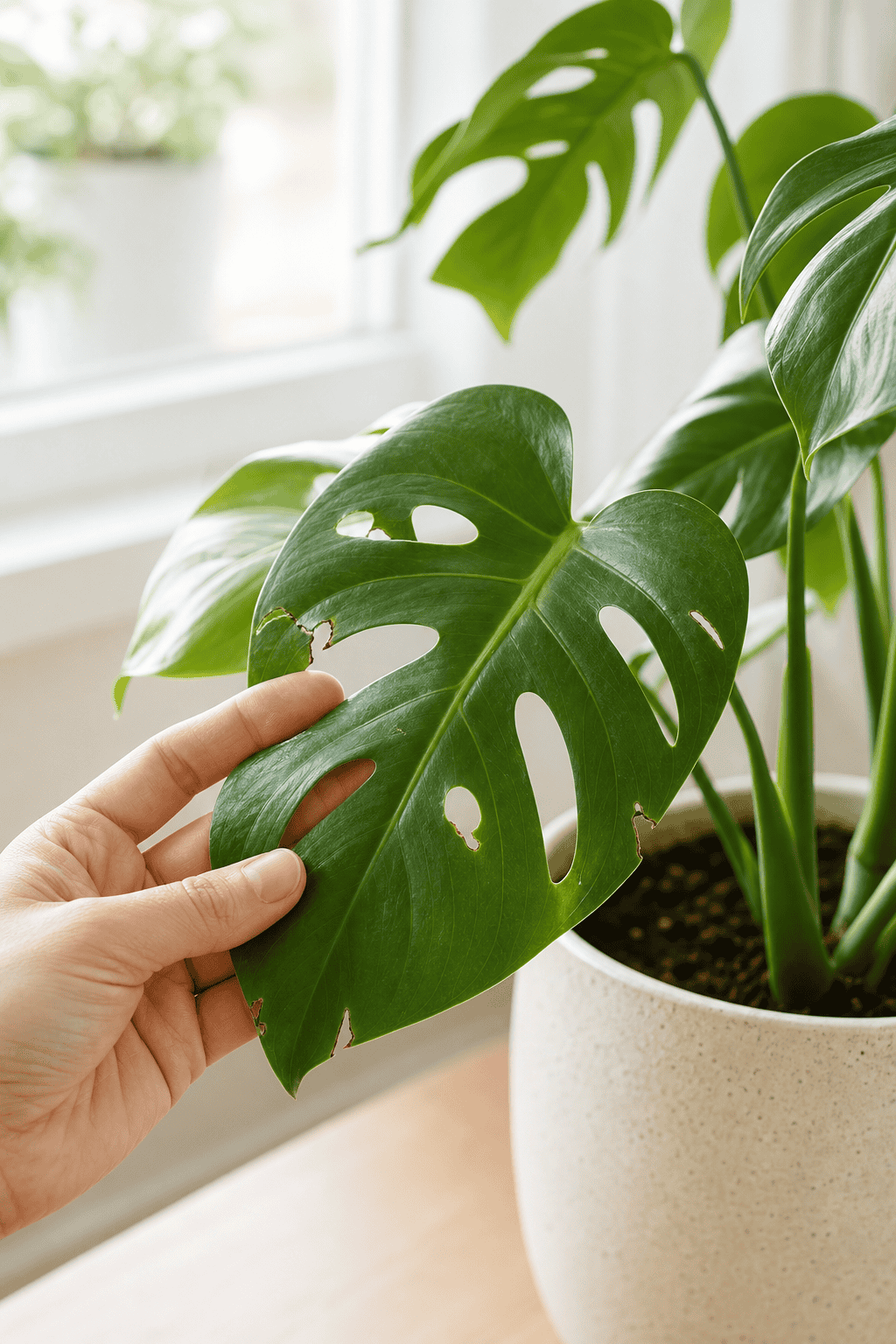 明るい室内で小さな穴があいた観葉植物の葉を手で持ち上げながら状態を確認している様子