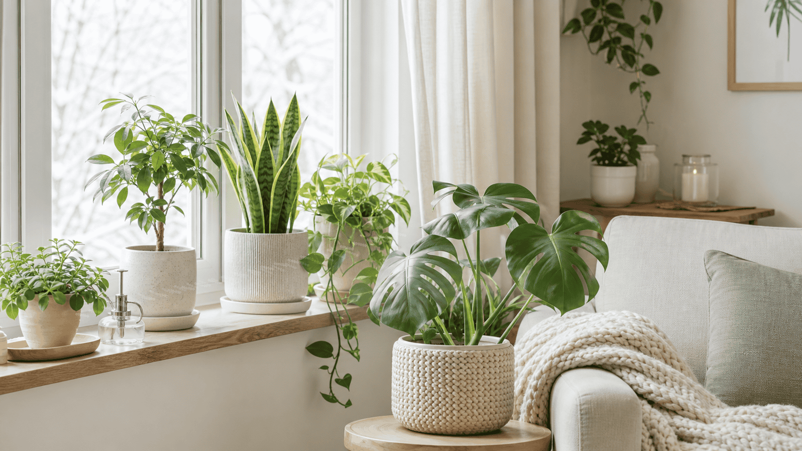 明るい室内で観葉植物の葉に細かい霧を当てて葉水している様子