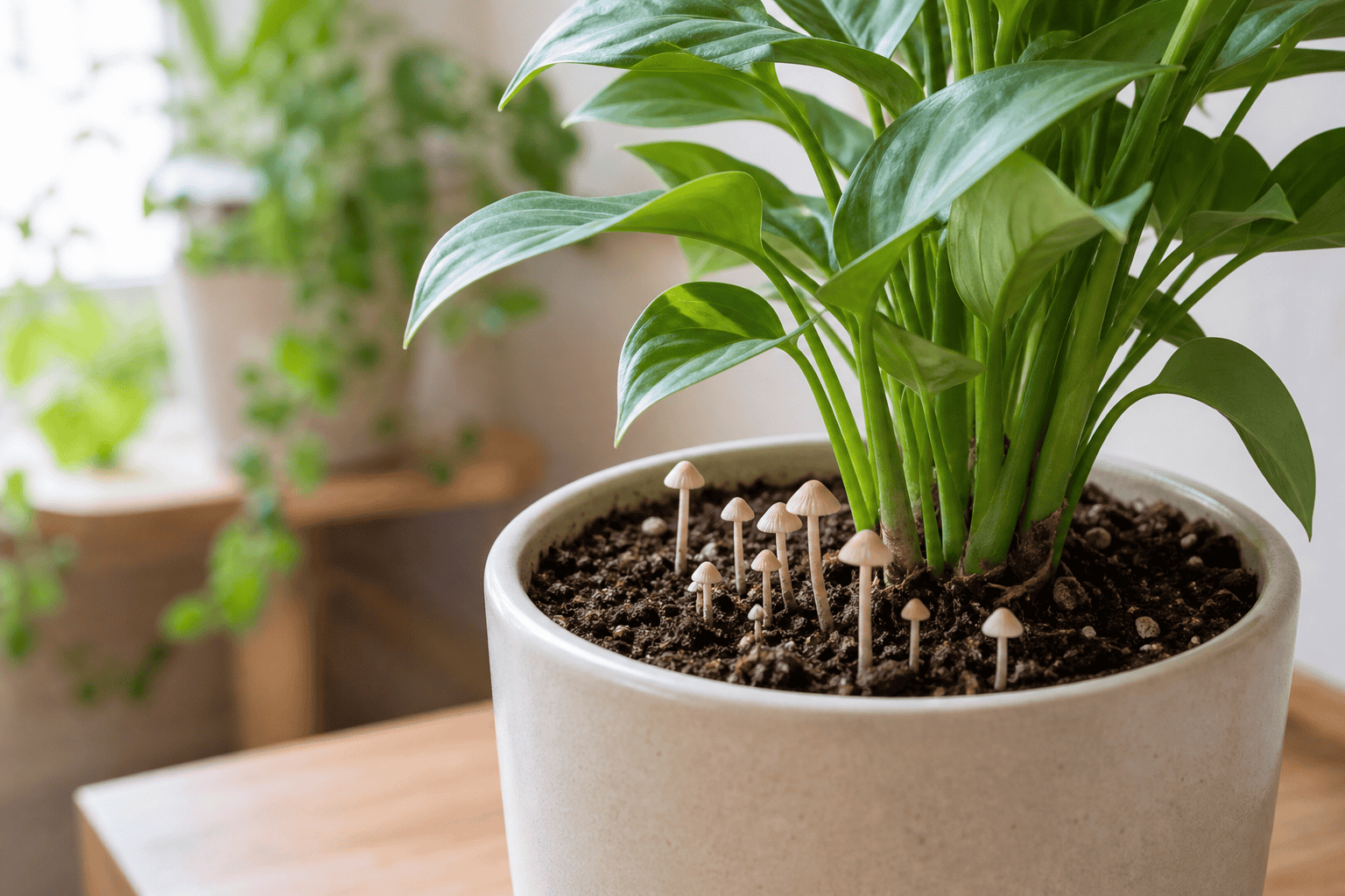 明るい室内で観葉植物の鉢土から小さなキノコがいくつか生えている様子