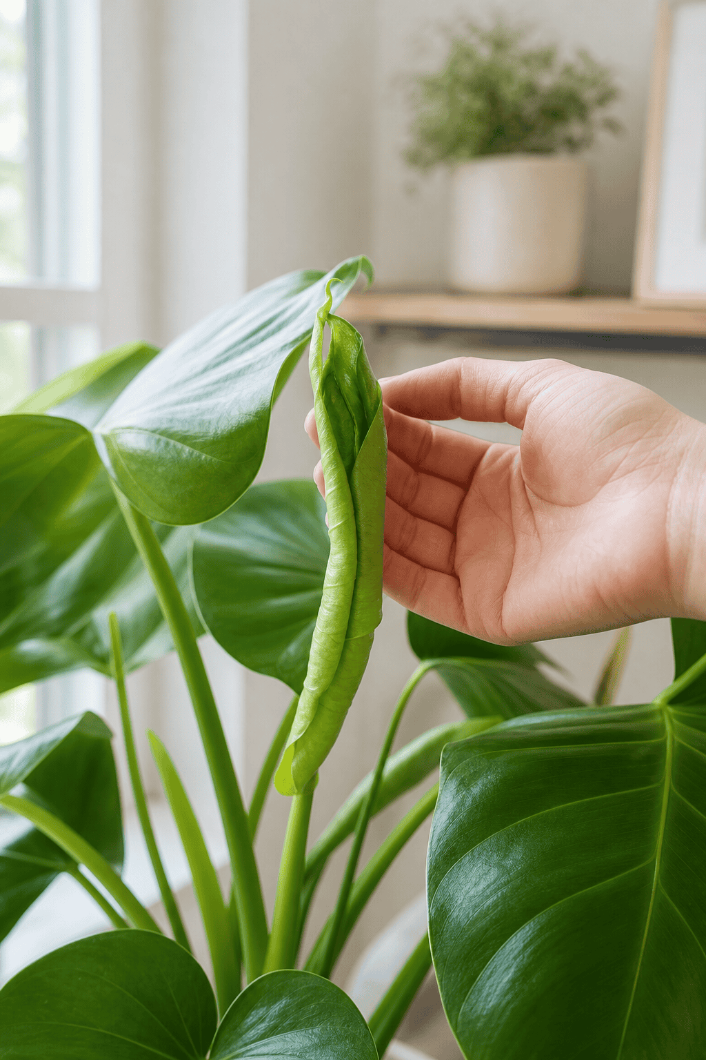 明るい室内で開ききらない新芽をつけた観葉植物を手元でそっと確認している様子