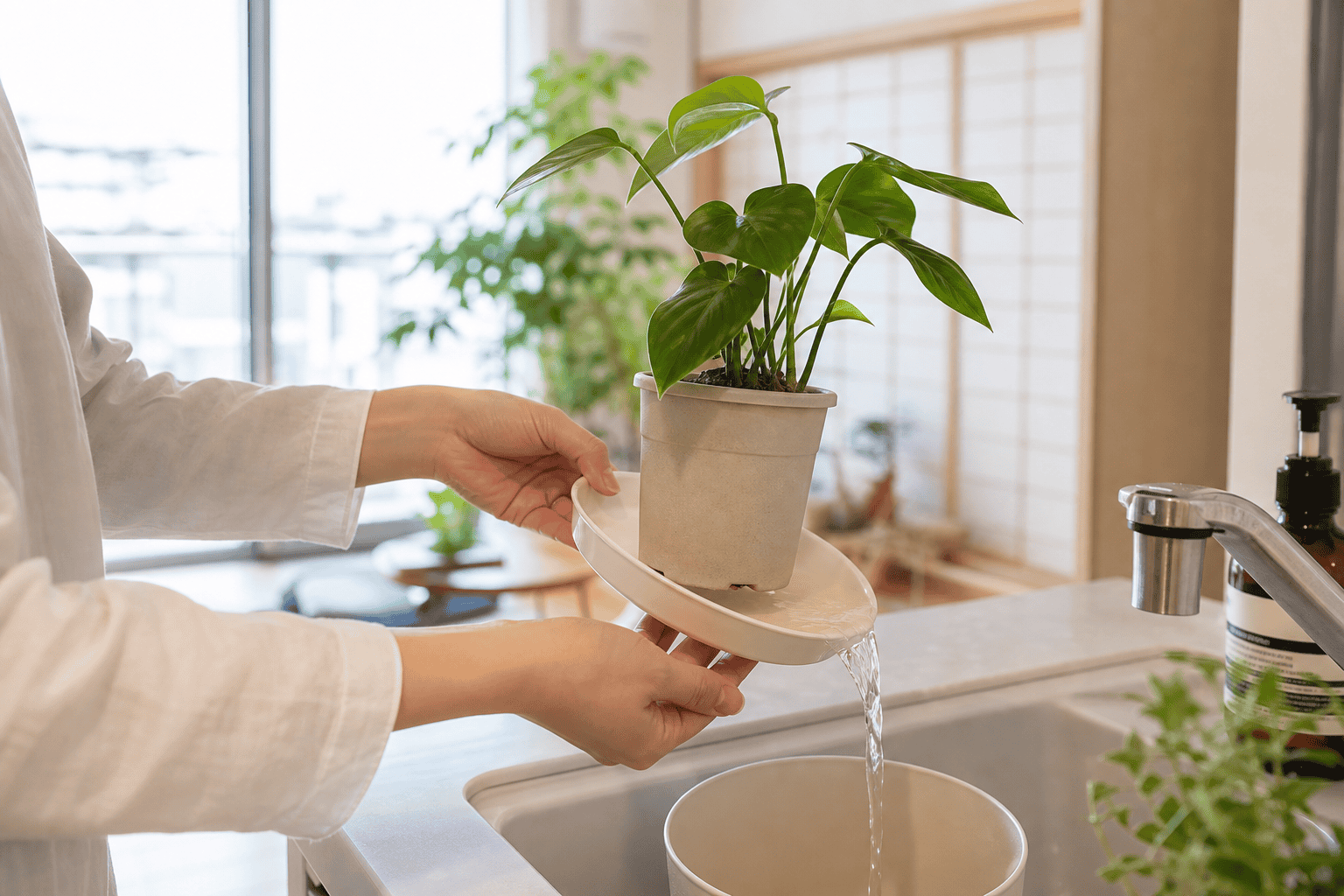 明るい室内で観葉植物の受け皿にたまった水を手で傾けて捨てている様子