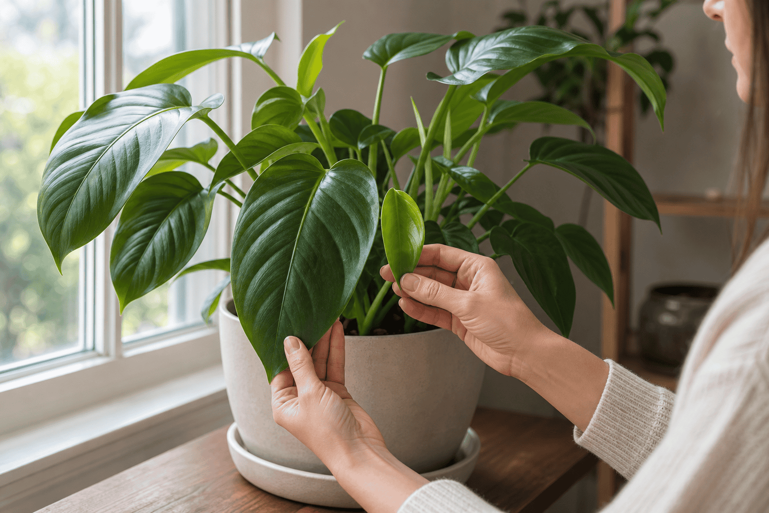 明るい窓辺で観葉植物の大きな葉と小さな新葉を手元で見比べている様子