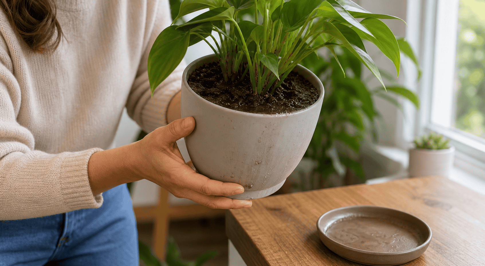 明るい室内で観葉植物の鉢を持ち上げ、湿った土の乾き具合を確かめている様子