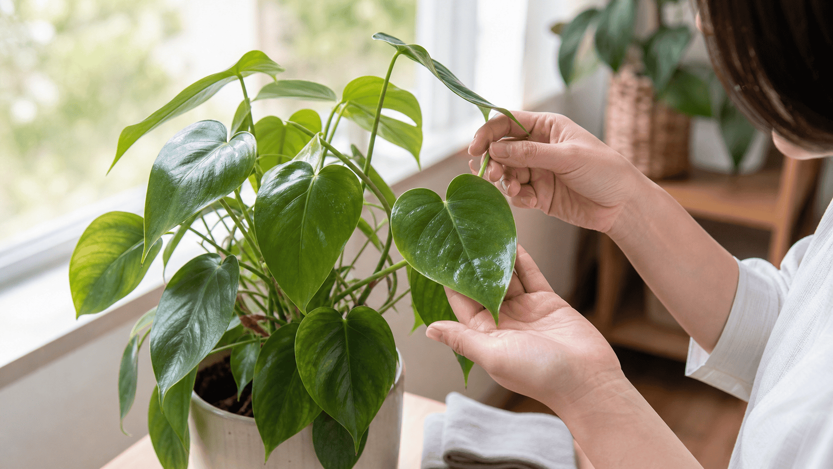 明るい室内で観葉植物の葉のベタつきを指先で確かめながら、葉裏と茎を点検している様子