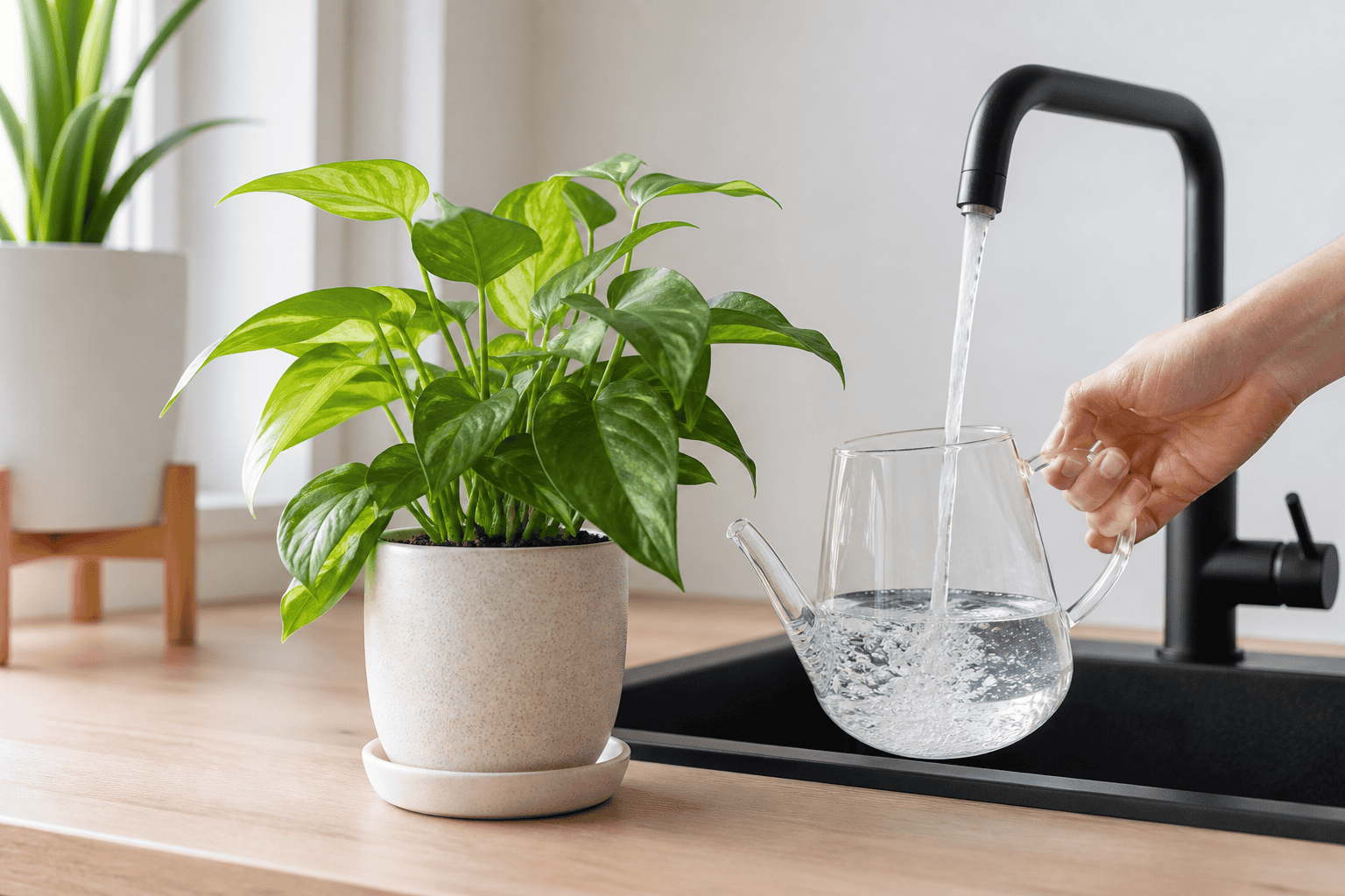 明るい室内で観葉植物のそばに置いたガラスじょうろへ水道水を注いでいる様子