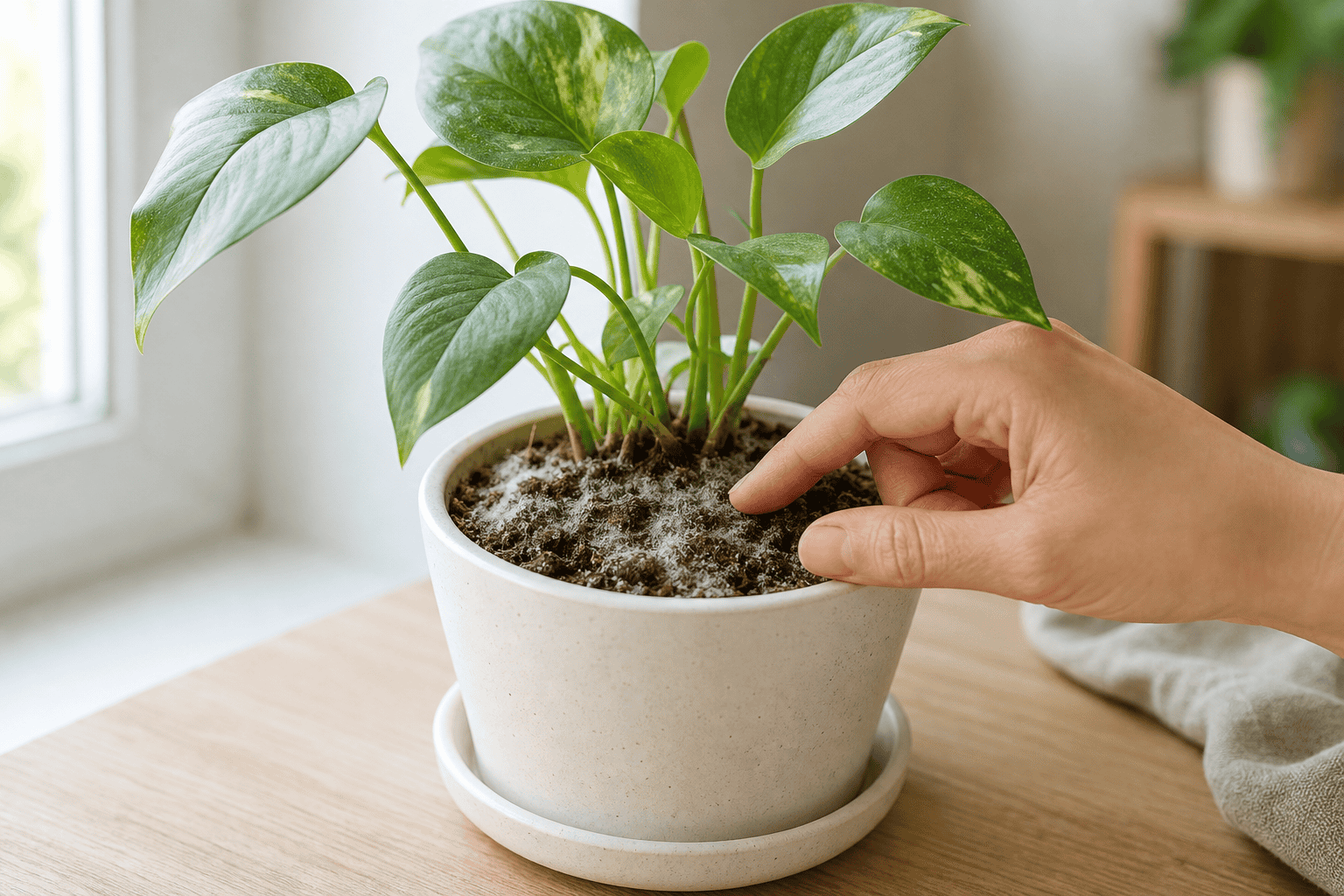 明るい室内で鉢土の表面に白いふわっとしたカビが出た観葉植物を手で確認している様子