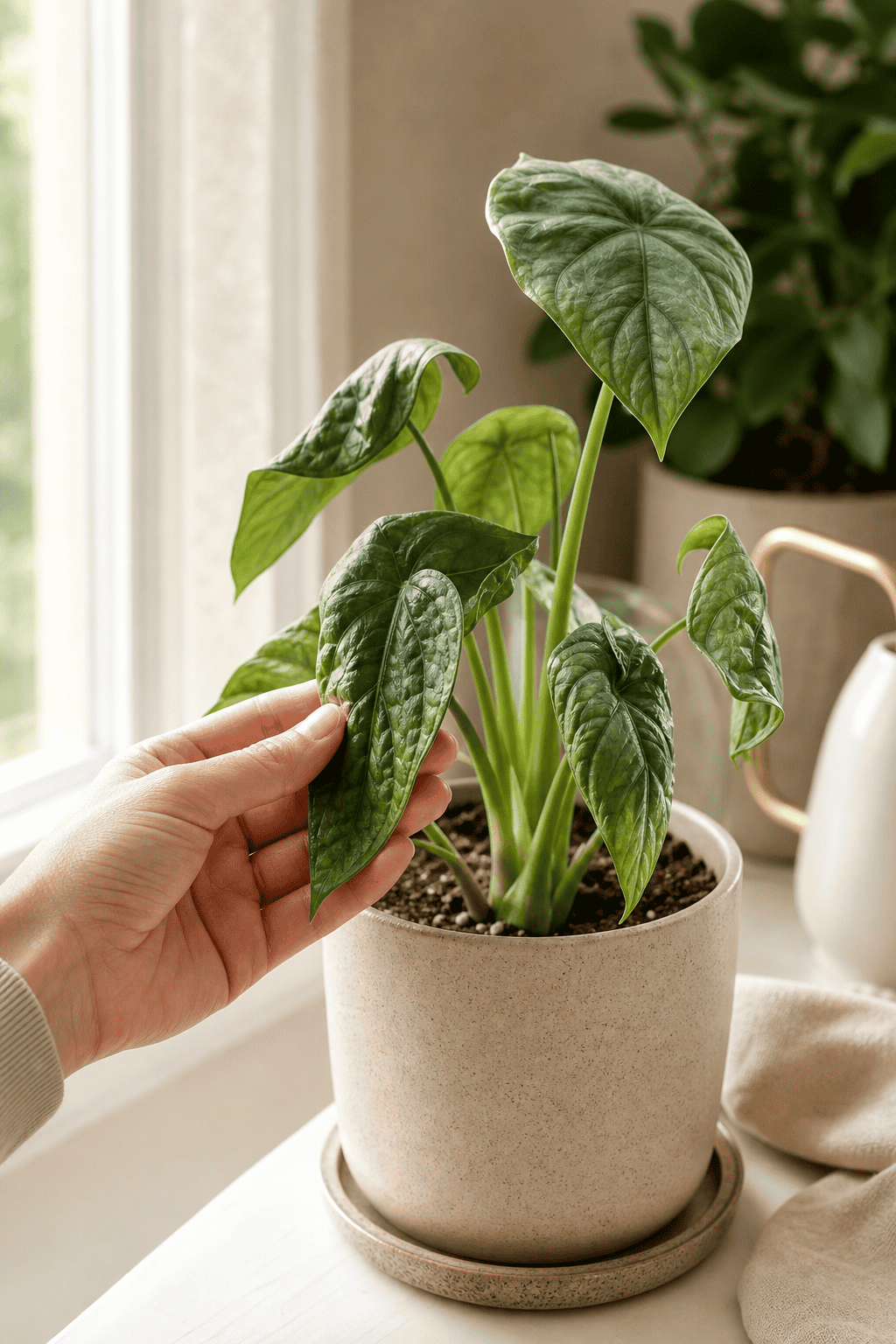 明るい窓辺で葉にしわが寄った観葉植物を手で持ち上げながら質感を確認している様子