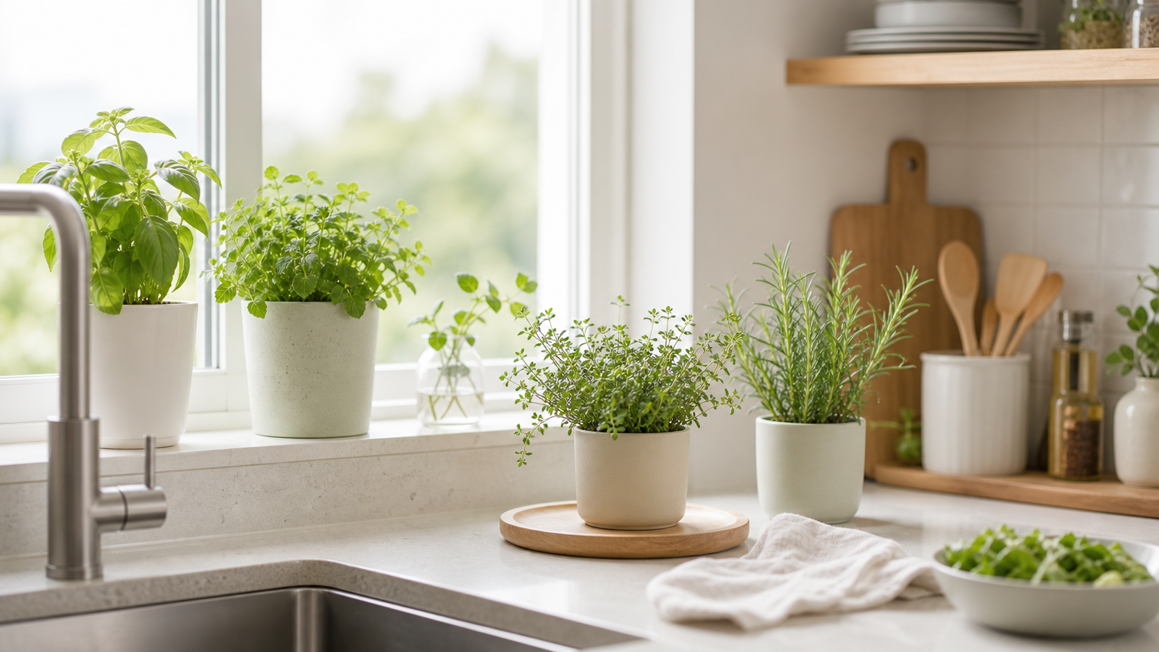 キッチンの窓辺とカウンターに置かれた小さな植物