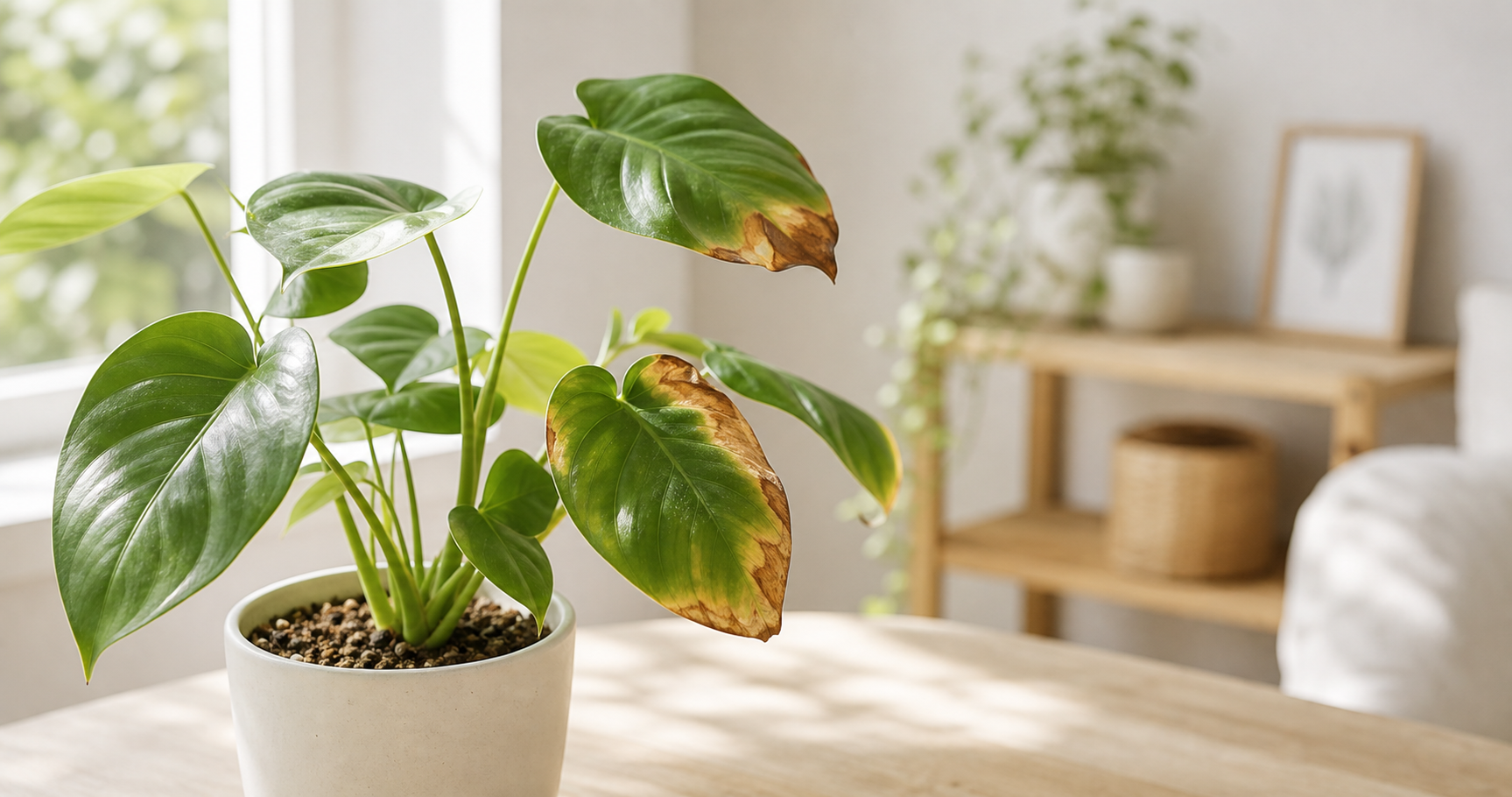 葉焼けした葉と健康な葉がある観葉植物のイメージ