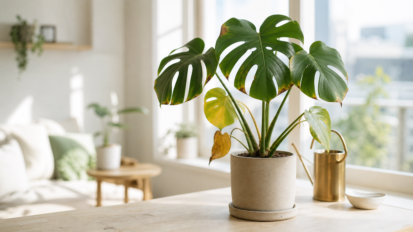 窓辺に置かれたモンステラの鉢植え