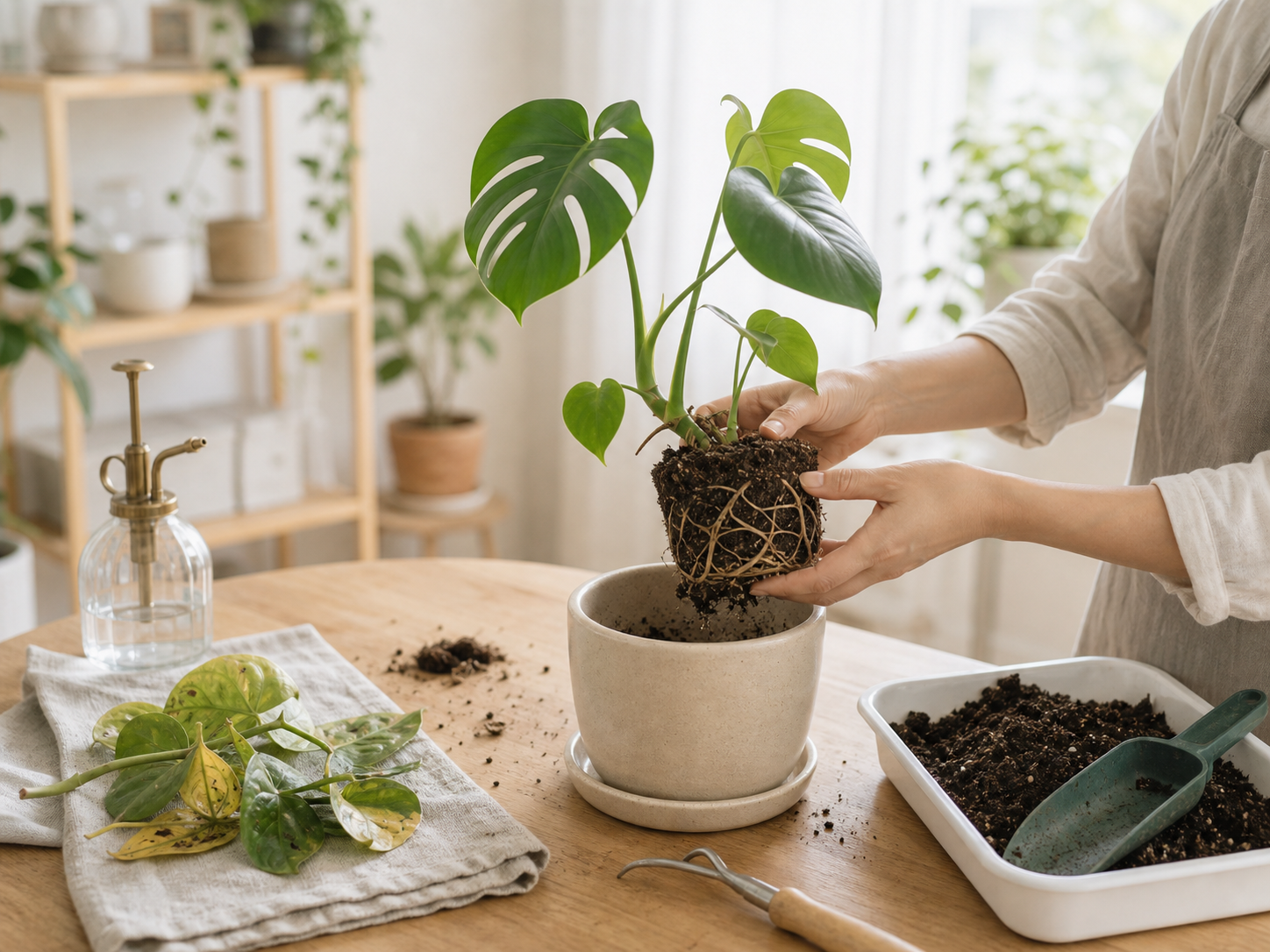 モンステラの根を確認しながら植え替え作業をしている様子