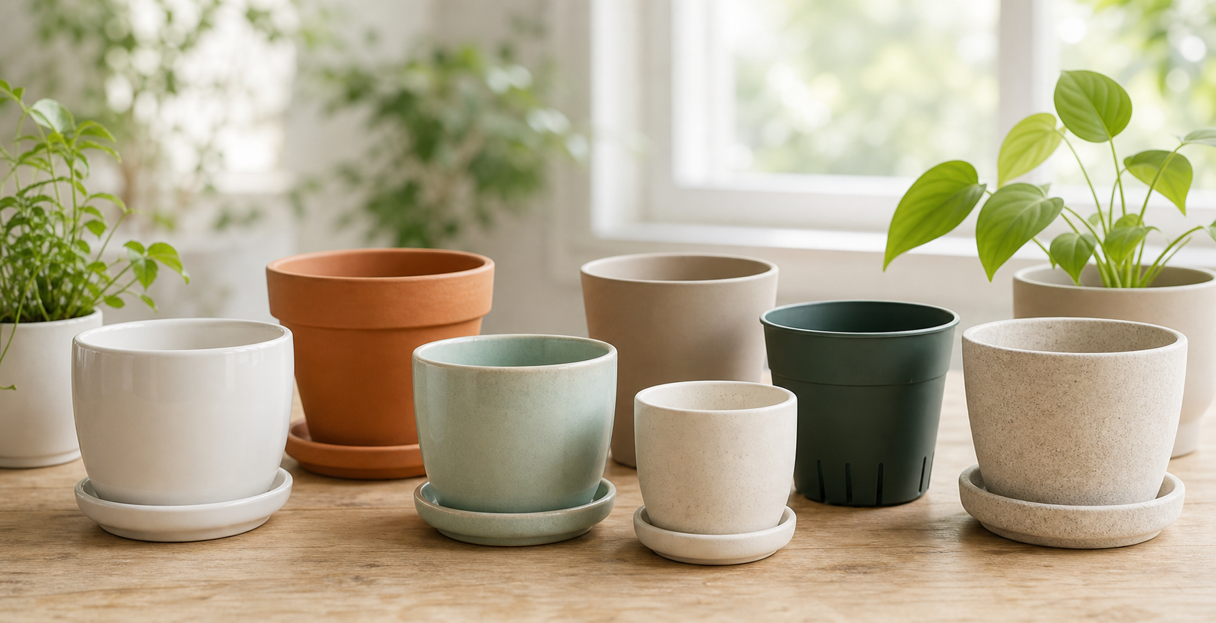 素材の異なる植木鉢が並ぶイメージ