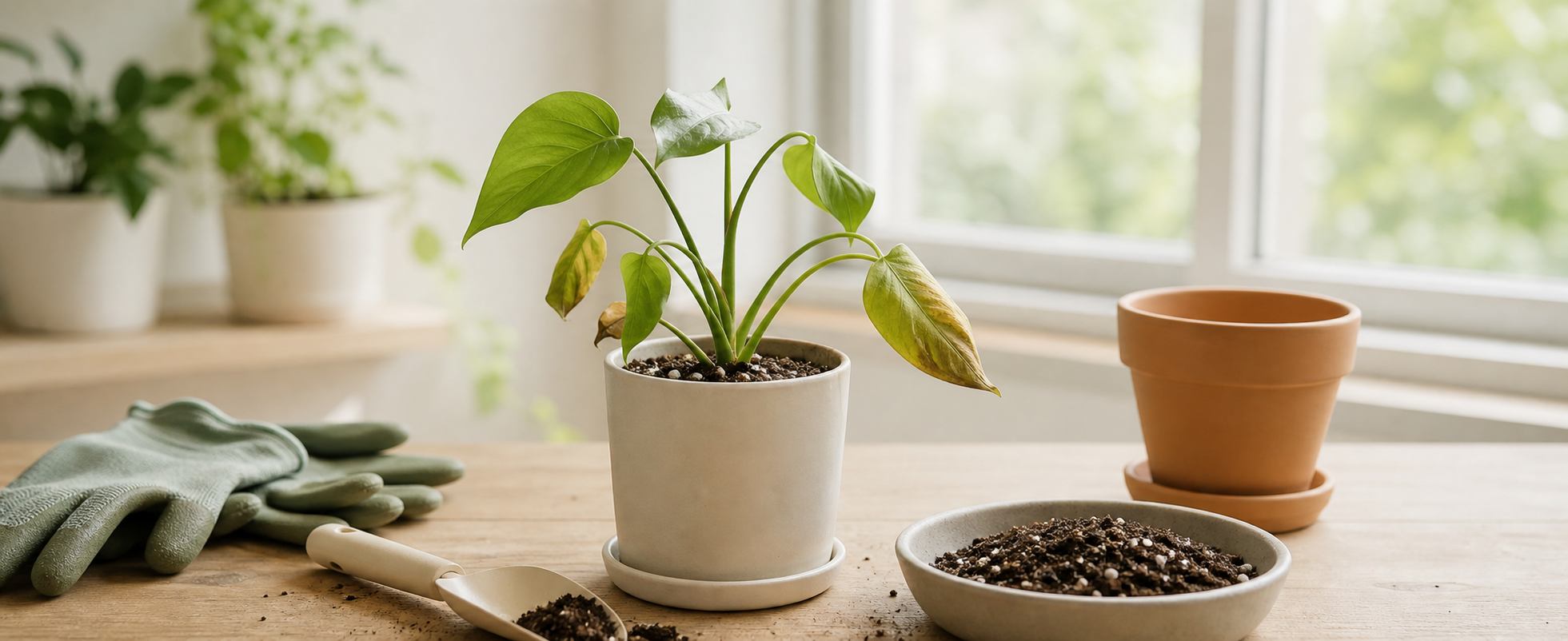 健康な白い根と傷んだ茶色い根、植え替え用の土と鉢が並ぶ観葉植物の根腐れ対処イメージ