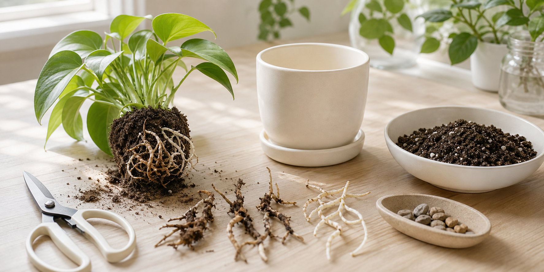 根腐れ対策をテーマにした観葉植物と植え替え道具のイメージ