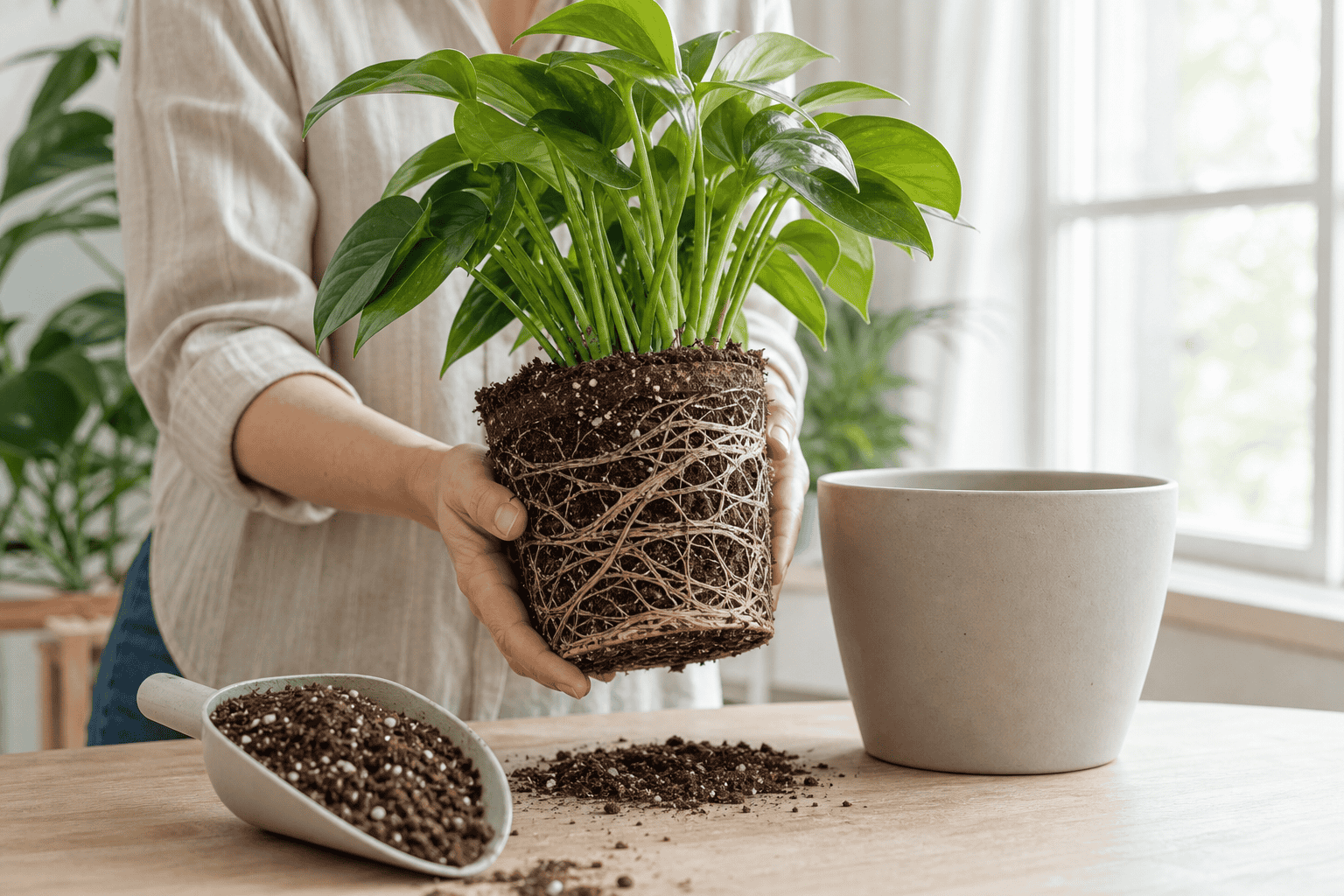 鉢から抜いた観葉植物の根が回り、植え替えの判断をしている様子