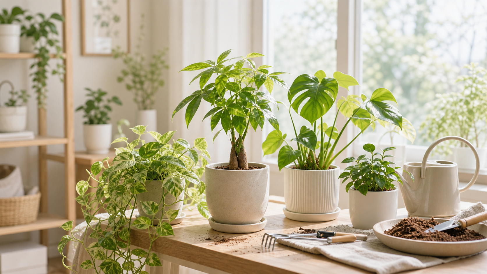 春の光が入る部屋で元気に育つ観葉植物