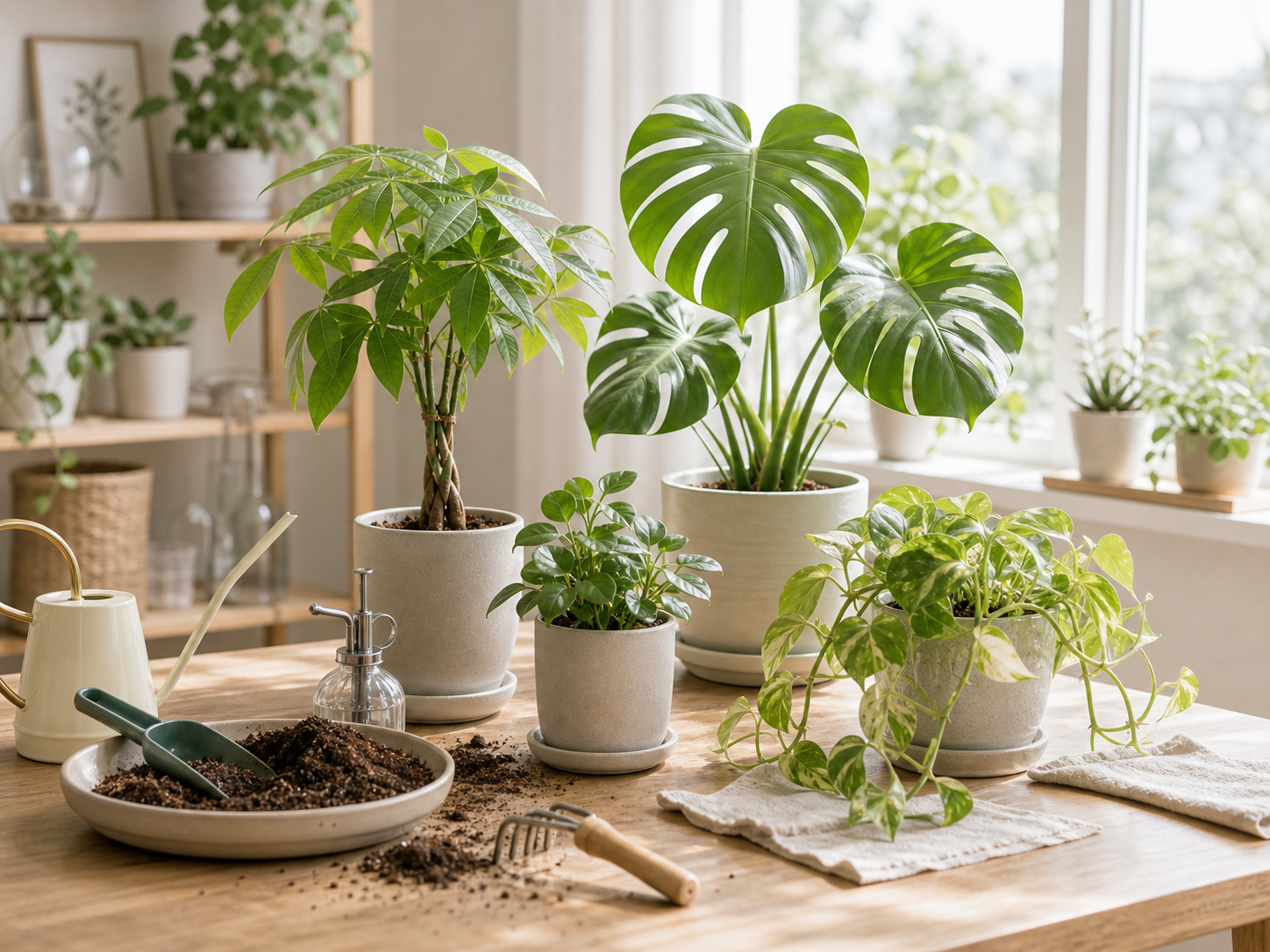 春の植え替えや管理の準備をしている観葉植物の様子