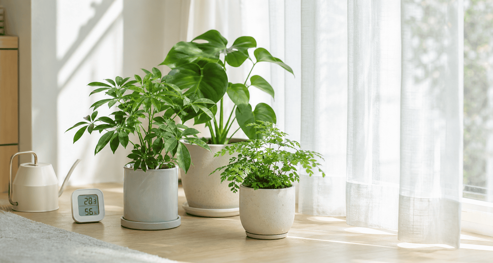 夏の明るい室内で西日と蒸れを避けながら管理されている観葉植物