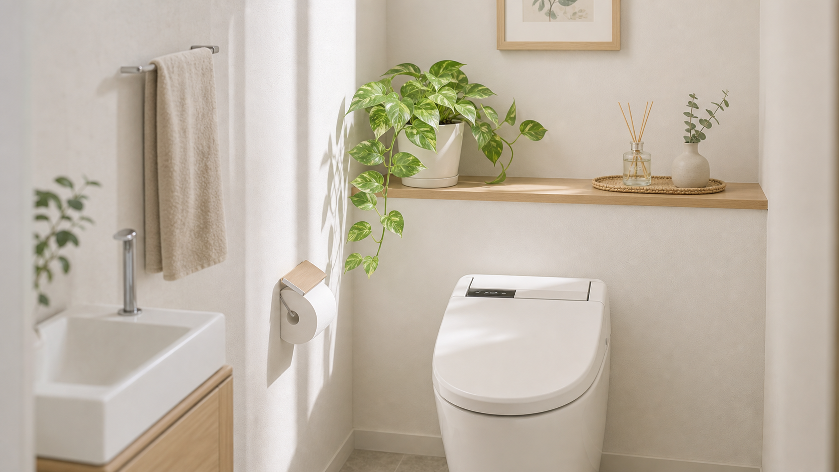 白いトイレ空間に置かれた小さな観葉植物