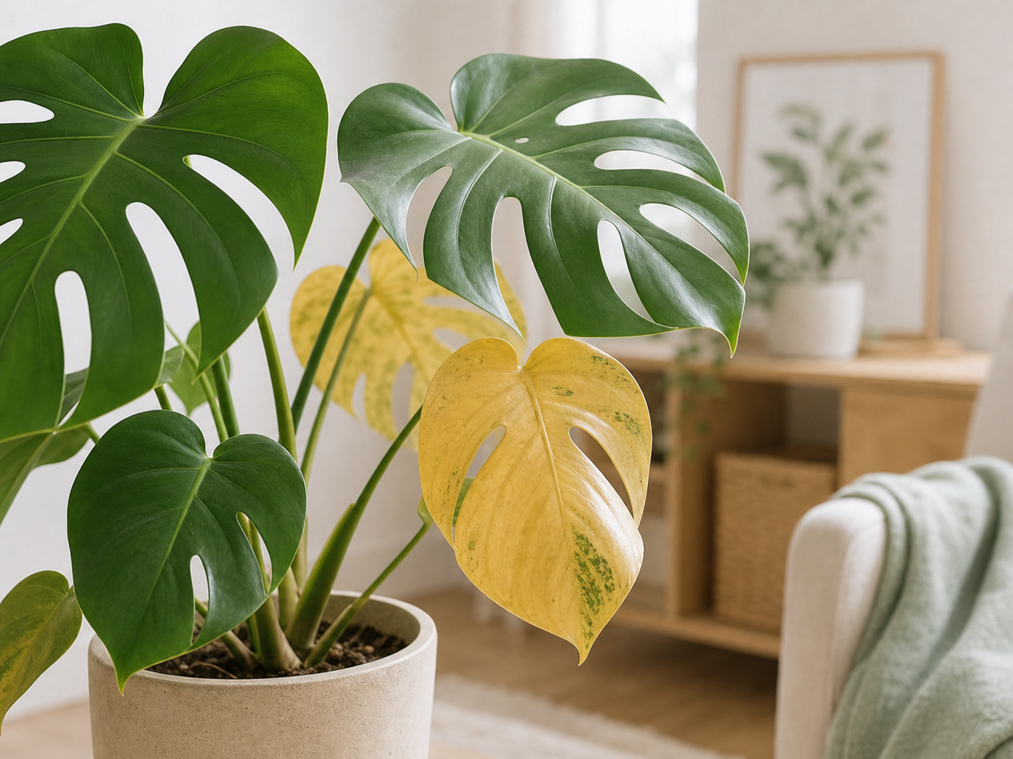 黄色くなった葉と健康な葉を見比べやすい観葉植物の様子